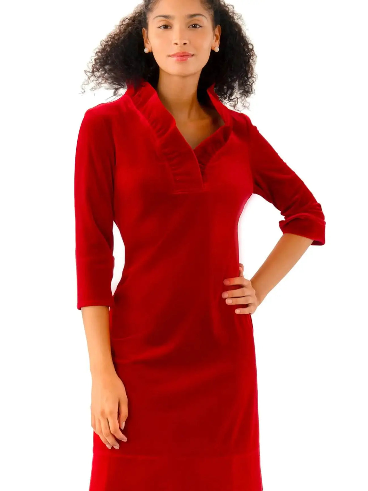 Ruffle Neck Silky Velvet Dress